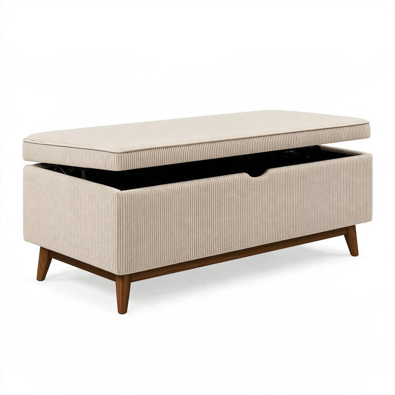 Panca contenitore 120 x 45 x 48 cm in tessuto a coste beige con gambe in legno stile moderno