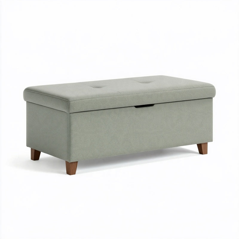 Panca contenitore 100 x 45 x 45 cm in tessuto verde salvia con gambe in legno - stile moderno