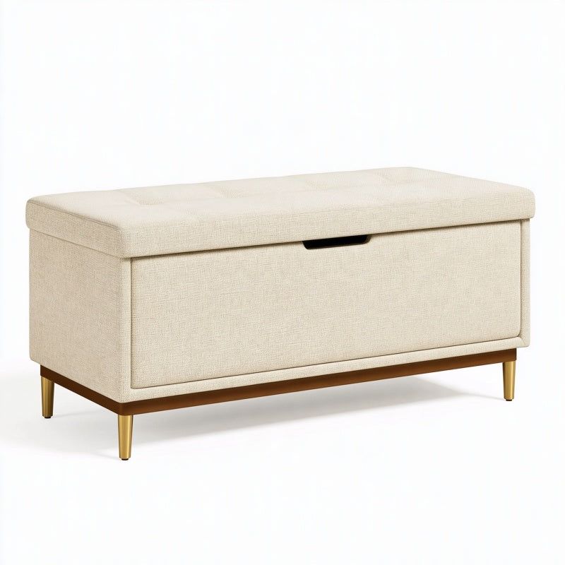 Panca contenitore 100 x 40 x 45 cm in tessuto beige con seduta imbottita e gambe dorate