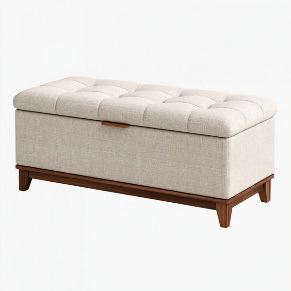 Panca contenitore 120 cm in tessuto beige con base in legno stile moderno