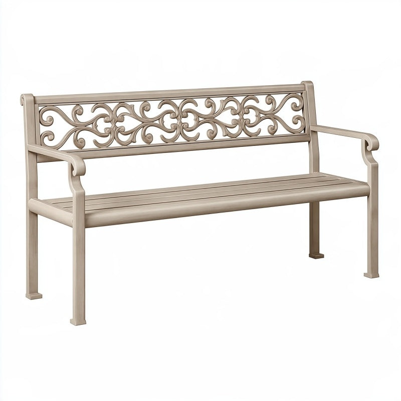 Panchina da giardino 122 x 61 x 88 cm in metallo beige stile classico con schienale decorativo