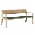 Panca da giardino 150x65x85 cm in legno beige con schienale intrecciato e cuscino verde - stile naturale