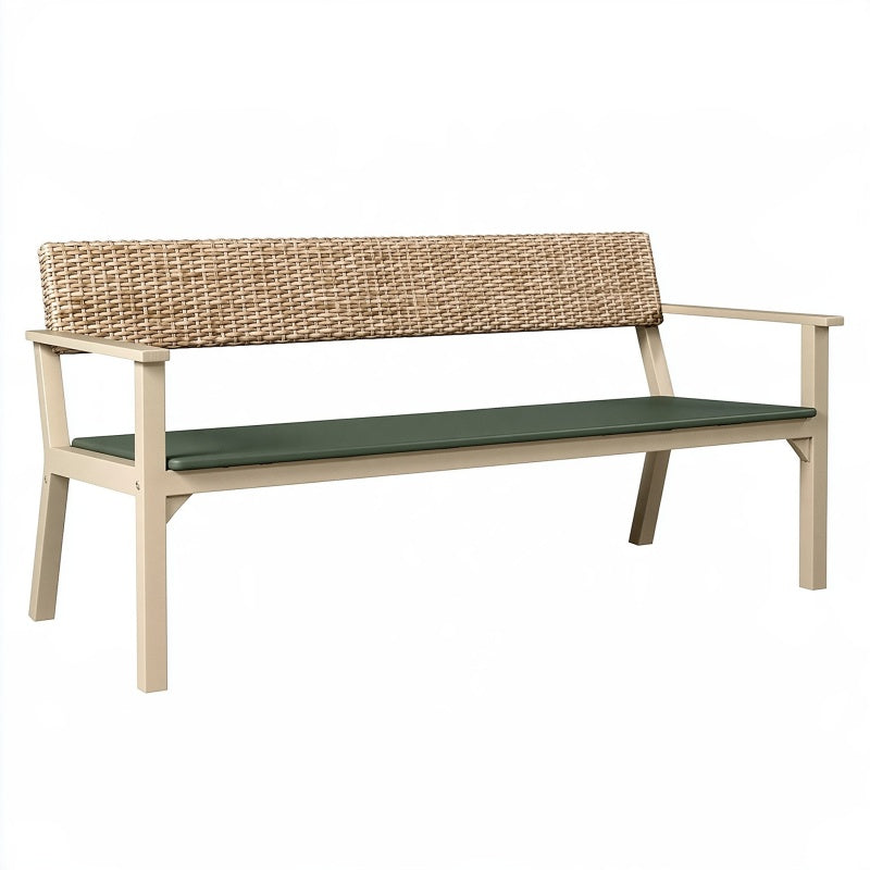 Panca da giardino 150x65x85 cm in legno beige con schienale intrecciato e cuscino verde - stile naturale
