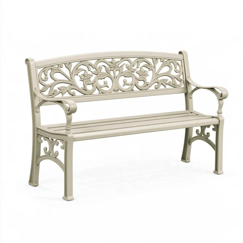 Panchina da giardino 122 cm in metallo beige con schienale decorato
