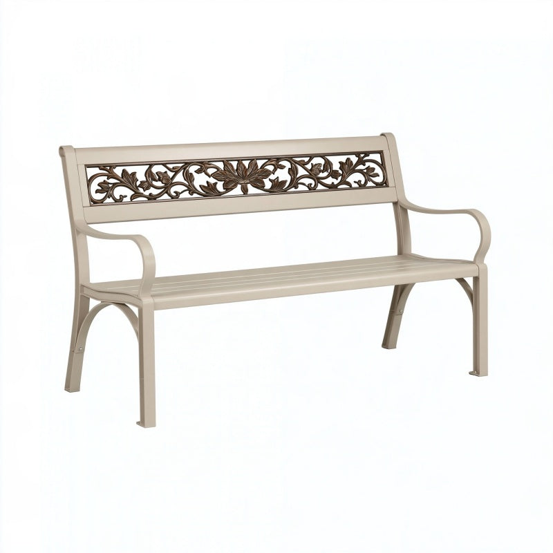 Panchina da giardino 122 x 62 x 89 cm in metallo beige con schienale floreale