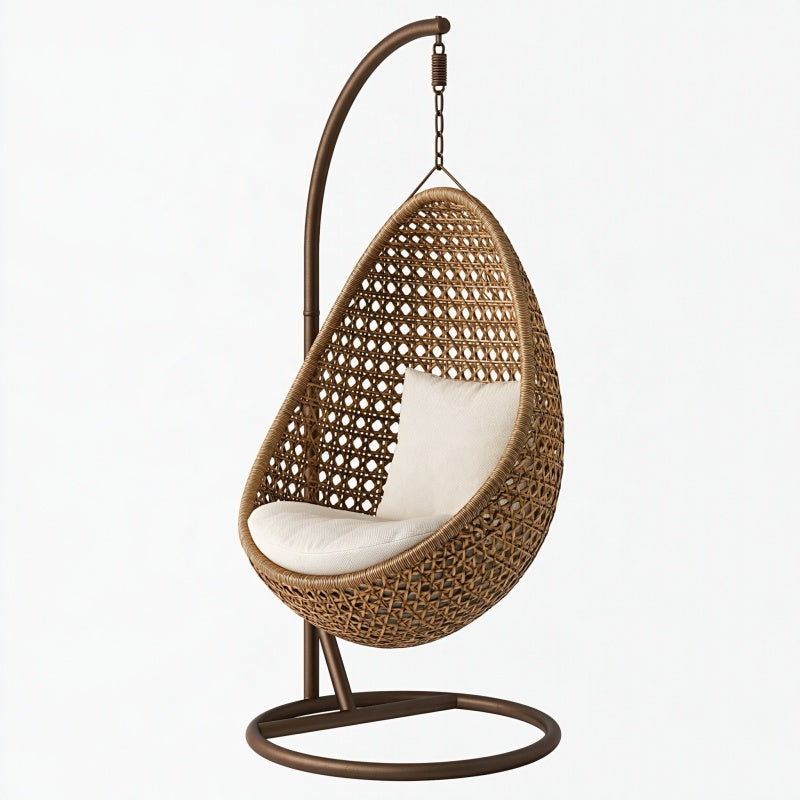 Poltrona sospesa 105x105x195 cm in rattan marrone con struttura in metallo per interni stile boho