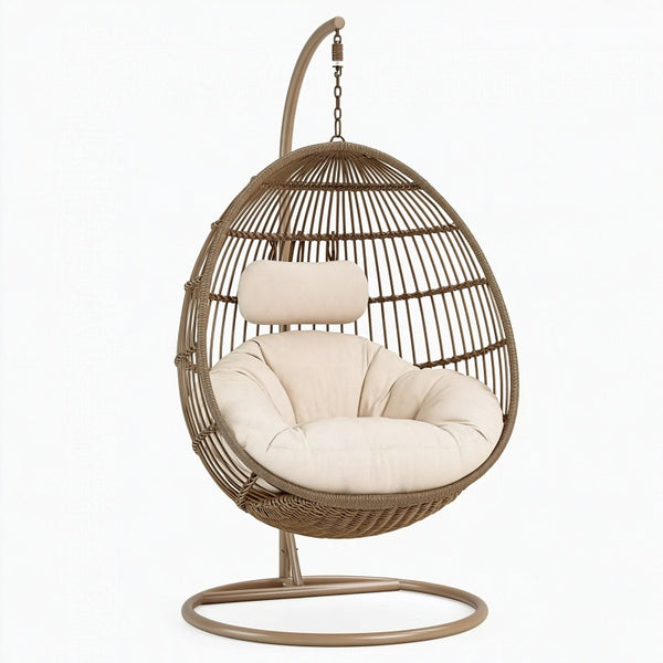 Poltrona sospesa da giardino 105 x 105 x 195 cm in fibra intrecciata beige con struttura in metallo
