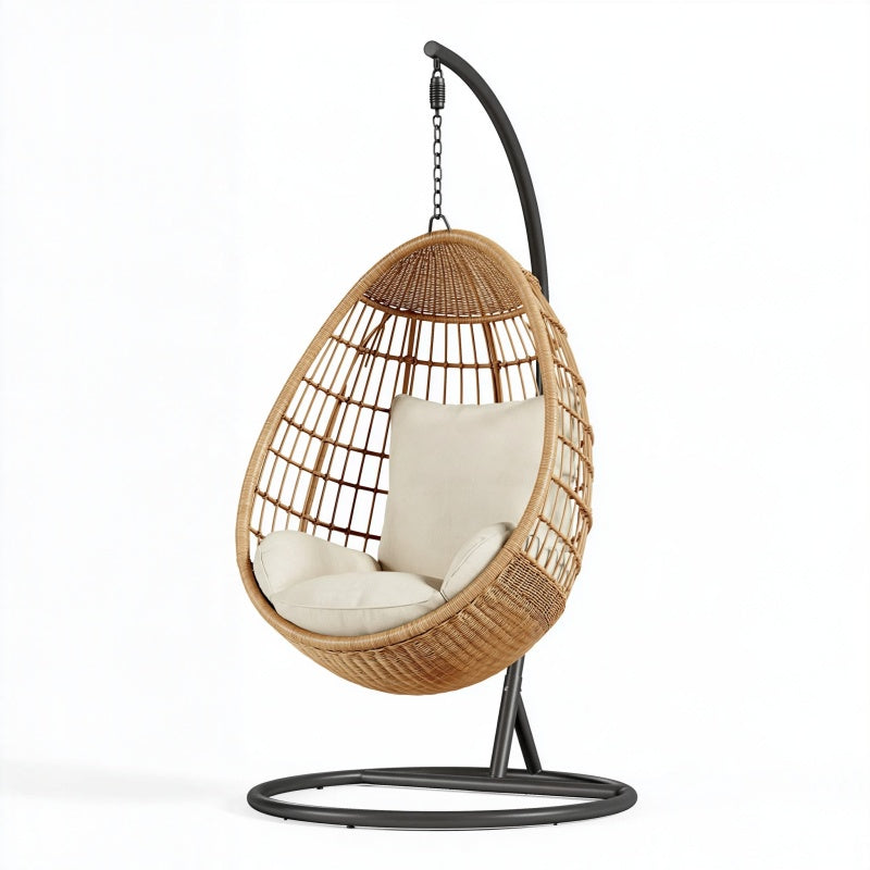 Poltrona sospesa 105 x 105 x 195 cm in rattan naturale con struttura in acciaio nero - Stile boho